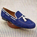 Navy blue classic suede men's white tassel loafers