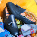 Classic style navy blue men's formal loafers with fringed leather shoes