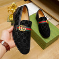 Classic design black suede g&stripes pattern formal dress slip on shoes