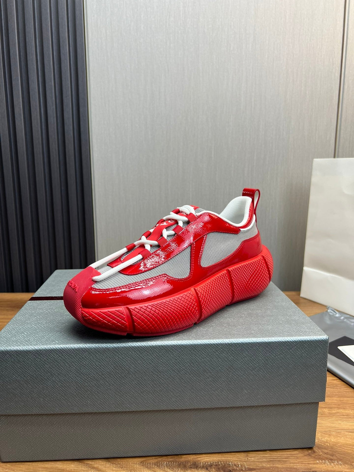 PR patent leather and mesh lace-up sneakers 0724111901