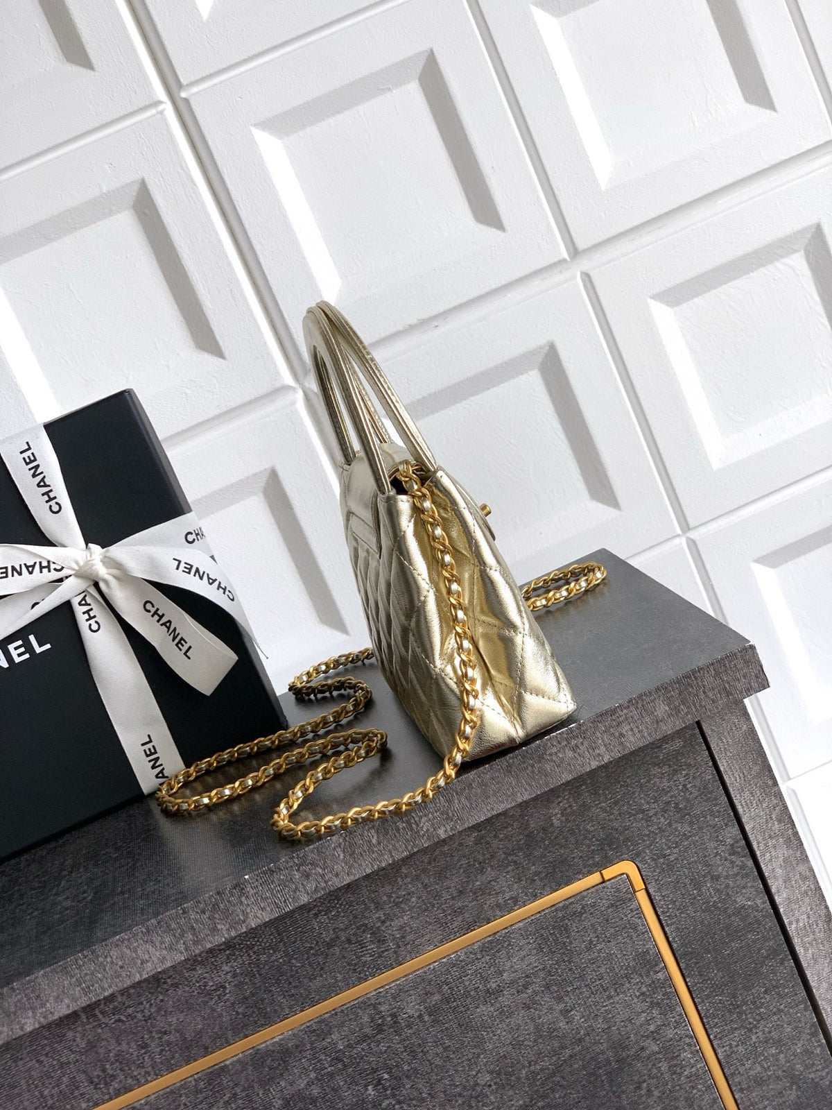 CC 25A nano 19cm kelly shopper bag metallic gold lambskin gold hardware
